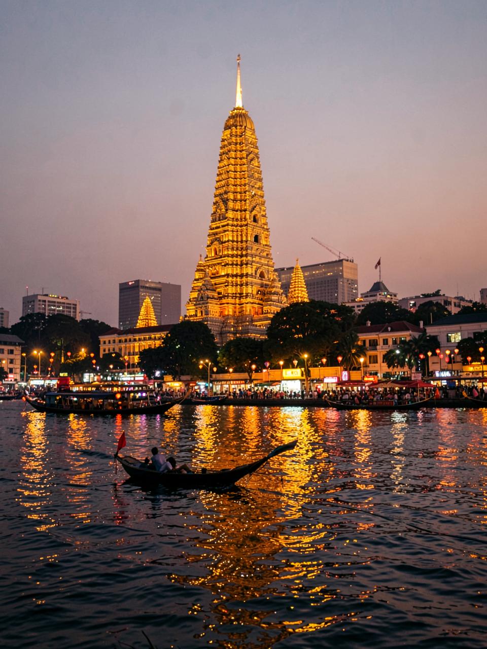 Le temple Wat Arun illuminé au bord du fleuve Chao Phraya à Bangkok