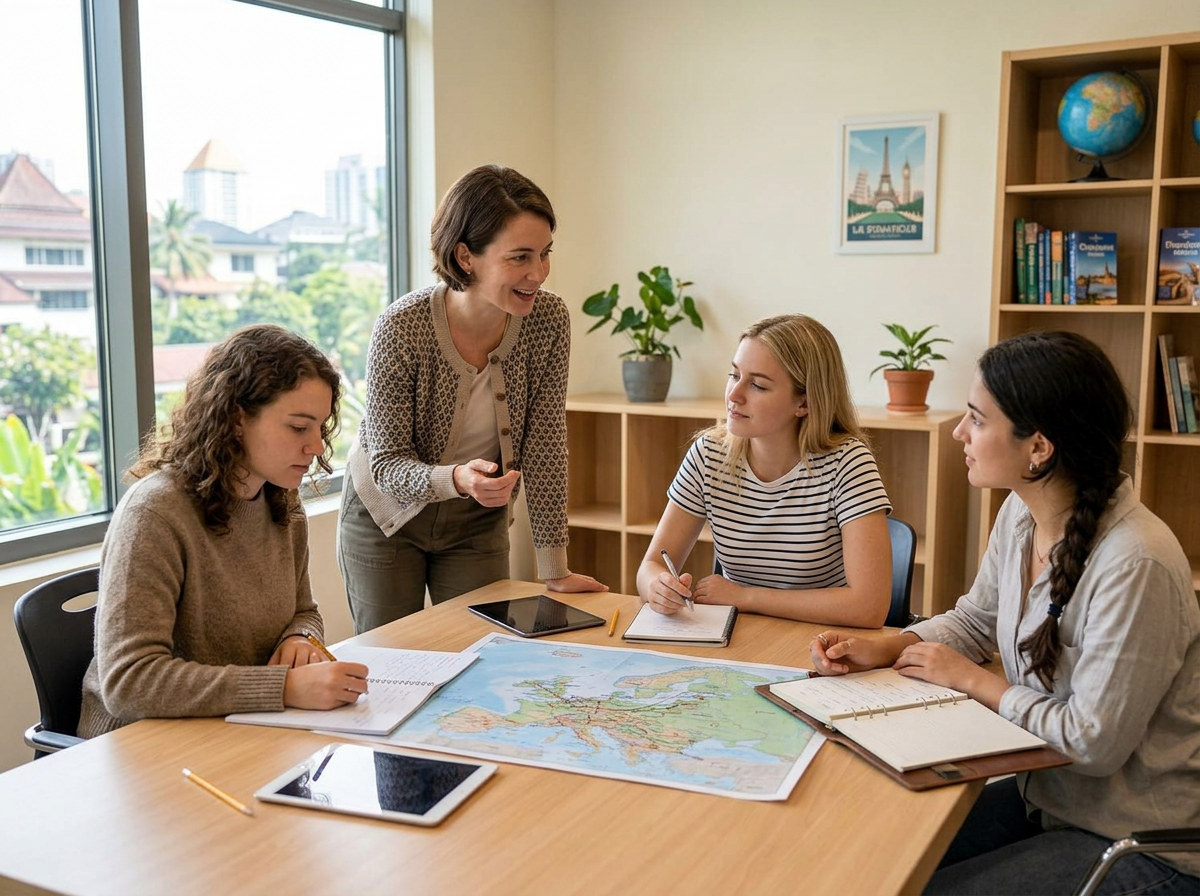 Étudiants échangeant avec un professeur issu du secteur touristique