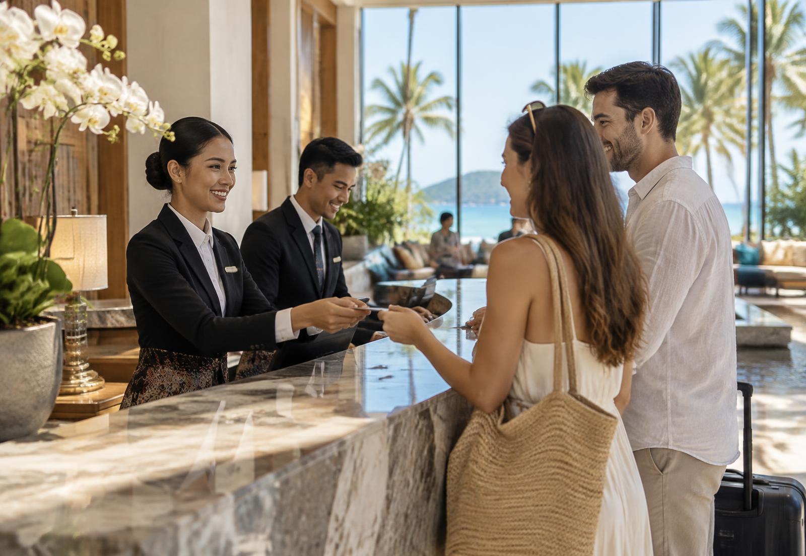 Élèves en tenue d'hôtellerie accueillant des clients à la réception d'un hôtel de luxe tropical