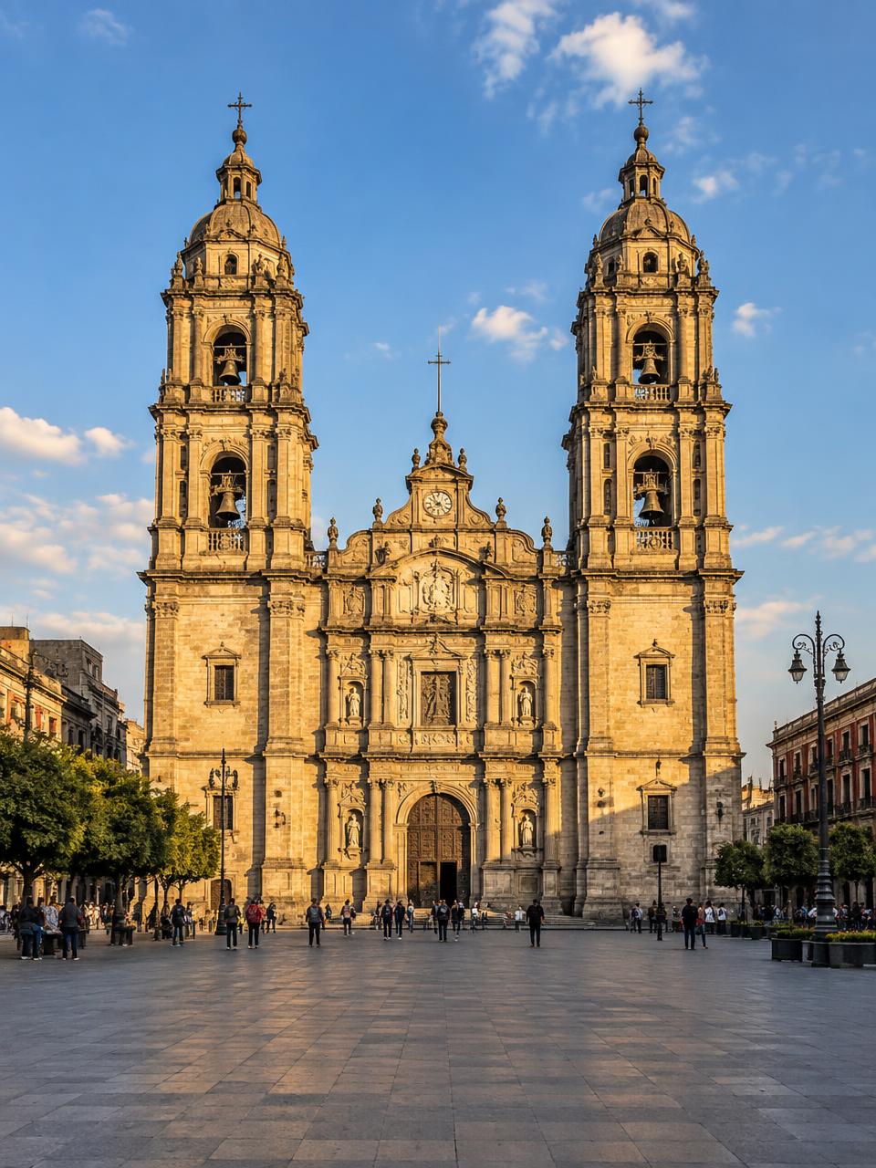 Église coloniale à deux tours sur une grande place de Mexico