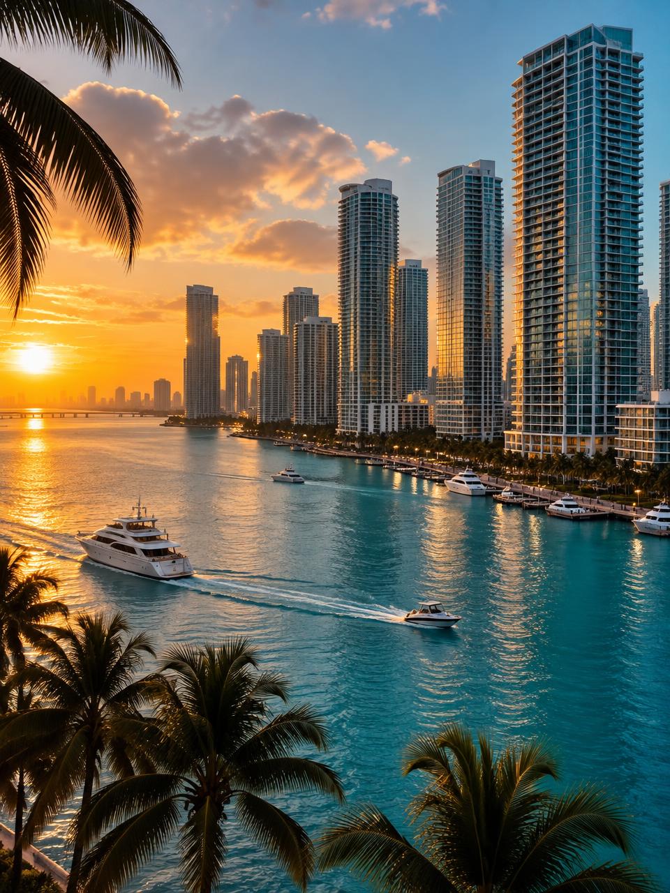 La baie de Miami au coucher du soleil, tours de verre et bateaux sur l'eau turquoise